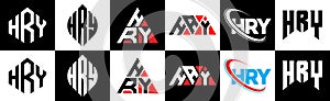 HRY letter logo design in six style. HRY polygon, circle, triangle, hexagon, flat and simple style with black and white color