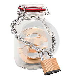 Hryvnia symbol inside glass jar with chain and padlock. Financial insurance concept. 3D rendering