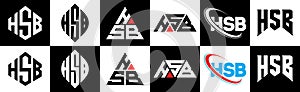 HSB letter logo design in six style. HSB polygon, circle, triangle, hexagon, flat and simple style with black and white color