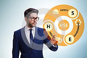 HSE concept with businessman pressing virtual button