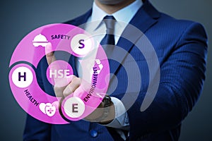HSE concept with businessman pressing virtual button