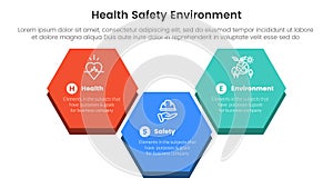 hse framework infographic 3 point stage template with big hexagonal up and down shape for slide presentation photo