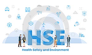 Hse health safety environment concept with big words and people surrounded by related icon spreading