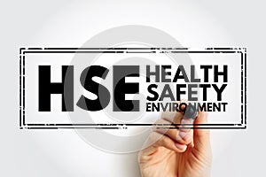 HSE Health Safety Environment - processes and procedures identifying potential hazards to a certain environment, acronym text