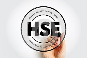 HSE Health Safety Environment - processes and procedures identifying potential hazards to a certain environment, acronym text