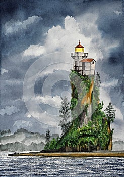 Hsndmade watercolor illustration of lighthouse