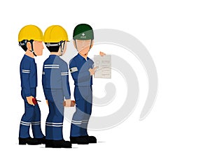 HSSE officer is instructing workers on white background