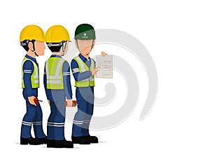 HSSE officer is instructing workers on white background