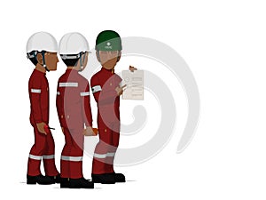 HSSE officer is instructing workers on white background