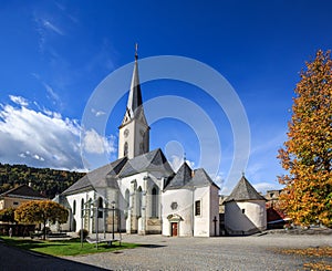 Hstorical center of Gmuend in Kaernten with the gothic parish church. Austria