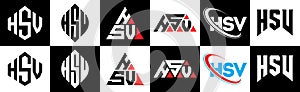 HSV letter logo design in six style. HSV polygon, circle, triangle, hexagon, flat and simple style with black and white color