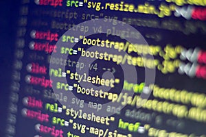 HTML code. Computer programming source code. Abstract screen of web developer. Digital technology modern background. Shallow depth