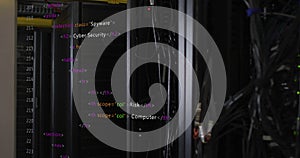 HTML code image over server racks in data center