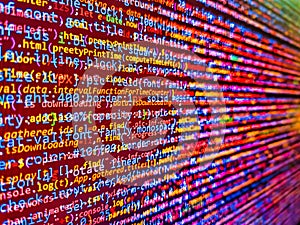 HTML code on laptop screen. Abstract screen of web developer. Abstract computer. Lines of Html code visible. Background of