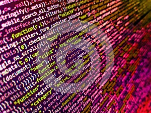 HTML code on lcd screen. Concept of security, programming and hacking, deep decryption and encryption