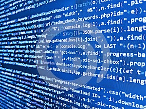 HTML code on lcd screen. Programming code on computer monit. Coding programmer abstract background. HTML CSS3 source code on lcd