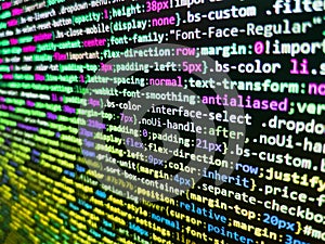 HTML code on lcd screen. Script on computer with source code. Binary code digital technology background. Screenshot with random