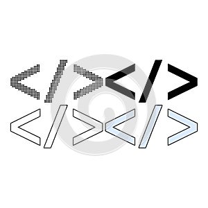 HTML code symbols, programming language icons, web development tags