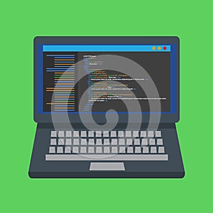 HTML code website. Laptop coding, programming concept.