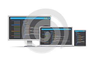 HTML code website. Laptop, desktop, tablet coding, programming concept.