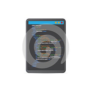 HTML code website. Tablet coding, programming concept.