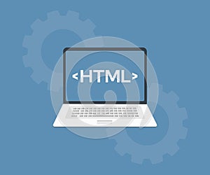HTML coding concept, Web application development logo design. Coding html and programming on screen laptop, development web.
