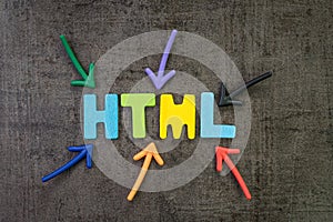 HTML coding language programming for website, blog and SEO concept, multi color arrows pointing to the word HTML at the center of
