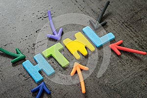 HTML coding language programming for website, blog and SEO concept, multi color arrows pointing to the word HTML at the center of