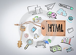 HTML Computer Coding, Website Concept. Key and note on white background