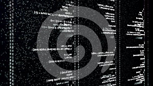 HTML and CSS code developing on dark background, seamless loop. Animation. Website design code programming on a laptop