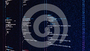 HTML and CSS code developing on dark background, seamless loop. Animation. Website design code programming on a laptop