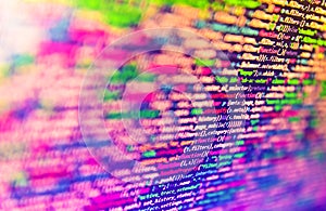 HTML and CSS code developing screenshot. Abstract software developer programming code. Close up of computer web page code inside