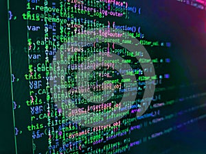 HTML5 in editor for website development. Binary code digital technology background. Programing workflow abstract algorithm concept