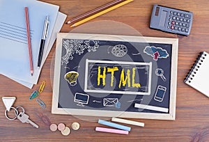 HTML Homepage Domain Web Design Concept. Chalkboard on wooden of