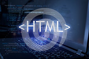 HTML inscription against laptop and code background. Learn html programming language, computer courses, training