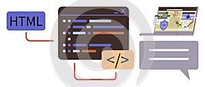 Coding Interface with HTML, Code Editor, and Web Page Design Elements