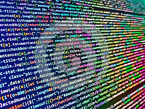 HTML markup language closeup. Software background coding screen of source code of developer programming language data. Computer