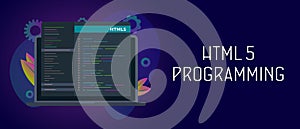 HTML5 Programming concept. HTML code optimization and programmer script writing. Internet website development language.