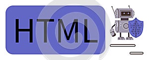 HTML Programming Concept with Robot and Cybersecurity Shield
