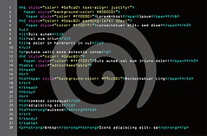 HTML Simple Code Vector. Colorful Abstract Program Tags In Developer View. Screen Of Colored Lighted Syntax Of Source Code Script. photo