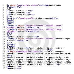 HTML Simple Website Code Vector. Colorful Tags In Developer View. White background. Random Parts Of Program Code.