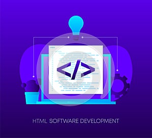 HTML Software Development Programming concept on dark gradient background. Laptop with envelope, open window with