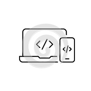 HTML symbols on smartphone and laptop. Responsive web development, cross-platform coding, mobile-friendly