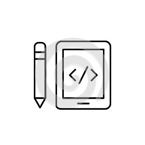 Html web coding symbol on electronic tablet and pencil. Portable web development, optimized for mobile