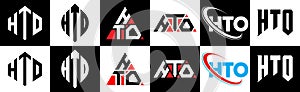 HTO letter logo design in six style. HTO polygon, circle, triangle, hexagon, flat and simple style with black and white color photo