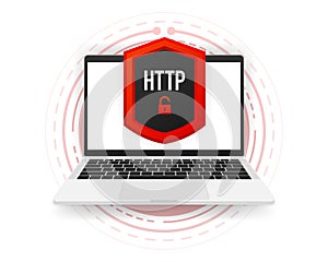 HTTPS and HTTP protocols, safe web surfing and data encryption. Computer banner Vector illustration.