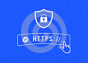 HTTPS Hypertext Transfer Protocol Secure concept. Flat Design outline vector illustration with blue background. photo