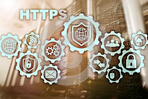 HTTPS. Hypertext Transport Protocol Secure. Technology Concept on Server Room Background. Virtual Icon for network