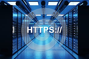 Https logo in large modern data center with multiple rows of network internet server racks, 3D Illustration