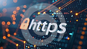 Https sign and a lock on a blue circuit board background, SEO term for a safe encrypted connection on Internet with SSL